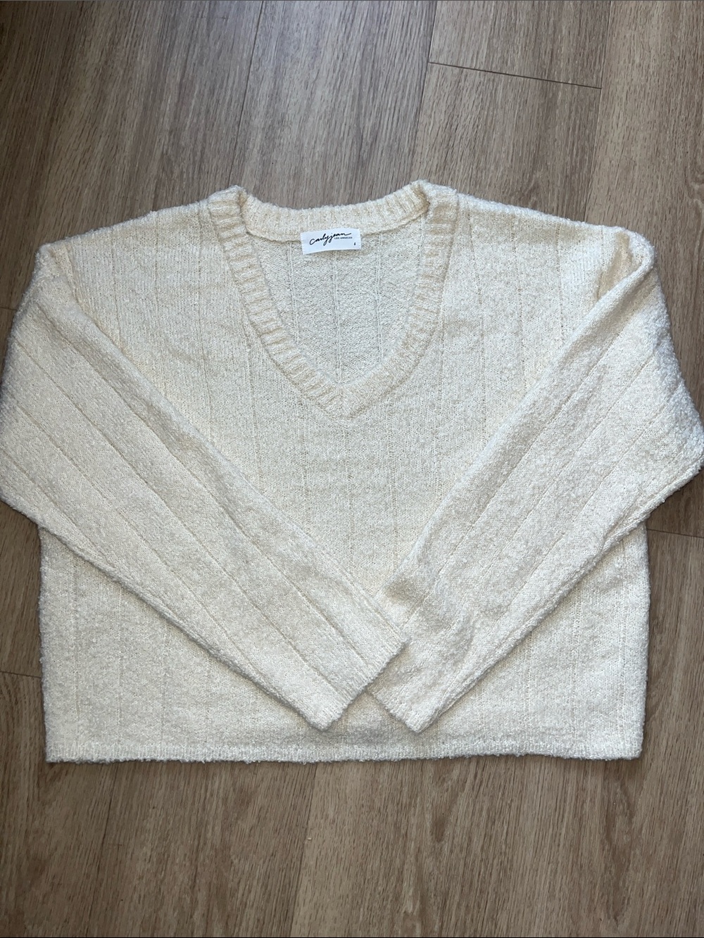 Carly Jean Los Angeles Cream V-Neck Textured Sweater